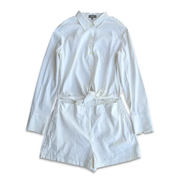 Theory Textured Linen Ranay Cut Out | White Shirt Minimalist Romper Sz 10 - Picture 5 of 11